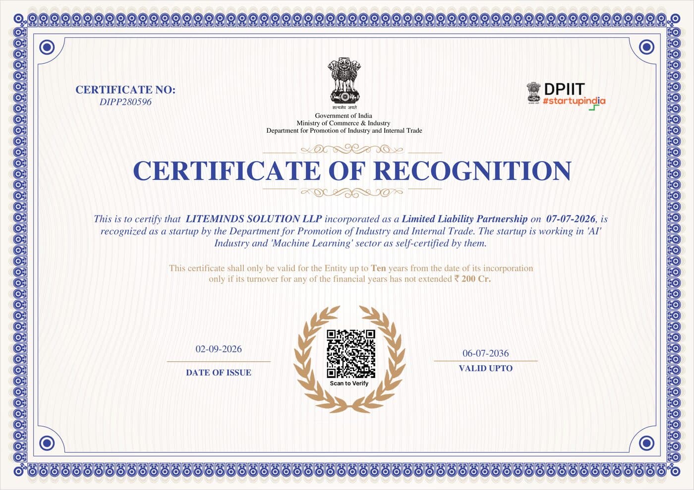 DPIIT Certificate of Recognition for Liteminds Solution LLP