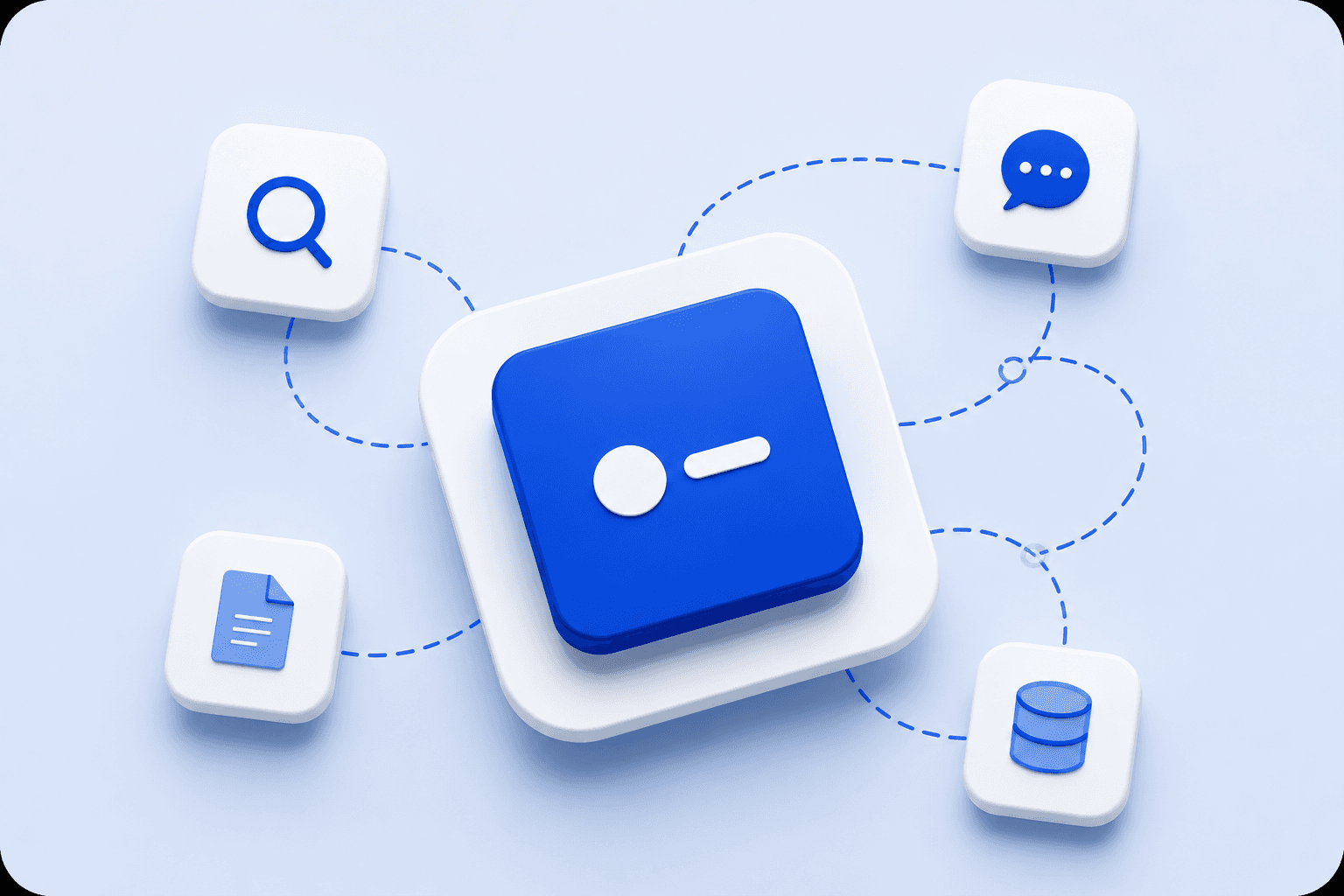 Enterprise AI Agents — hub and spoke illustration showing an AI agent connected to search, documents, chat, and database tools