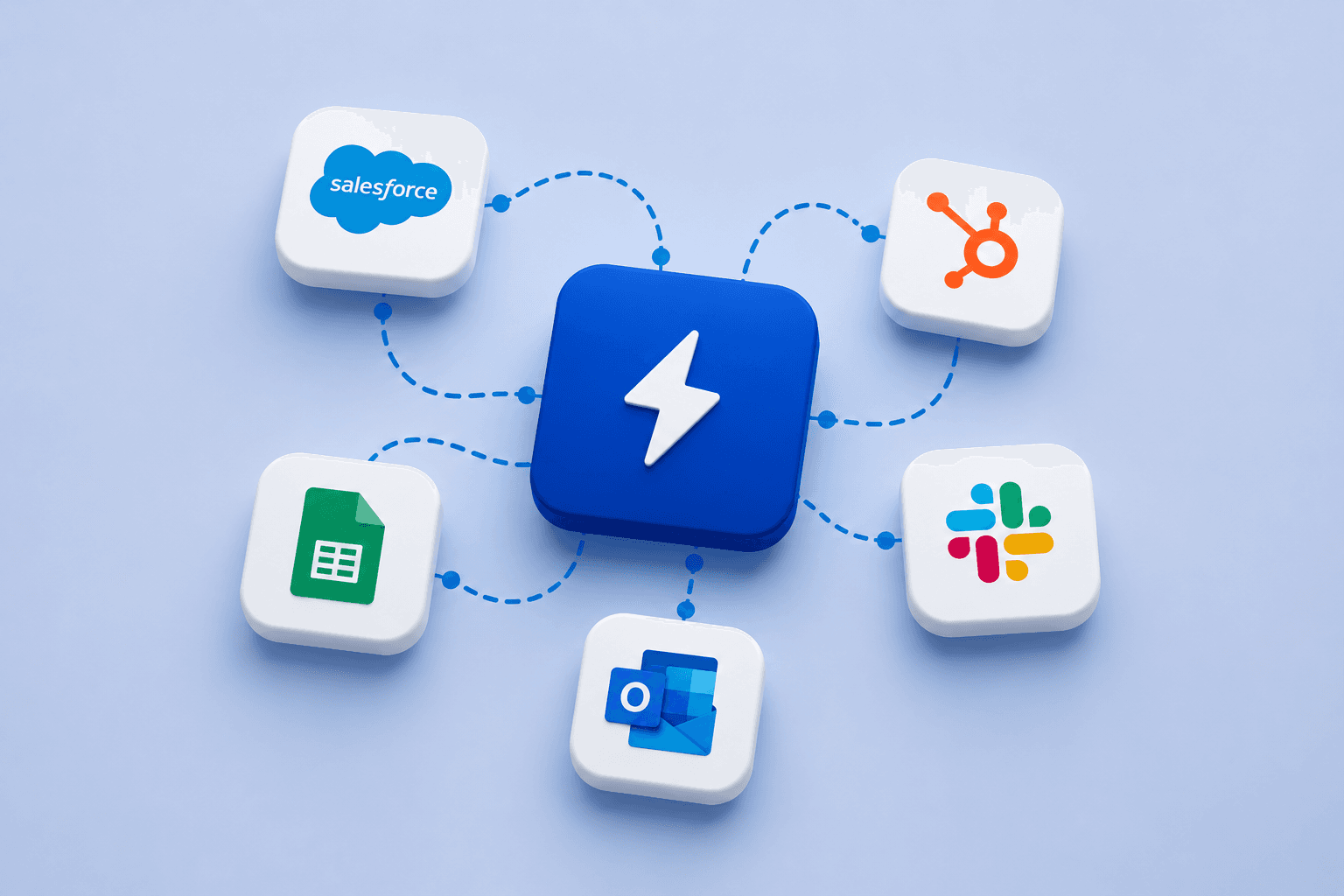 Automation & Integrations — lightning bolt hub connected to Salesforce, HubSpot, Google Sheets, Slack, and Outlook